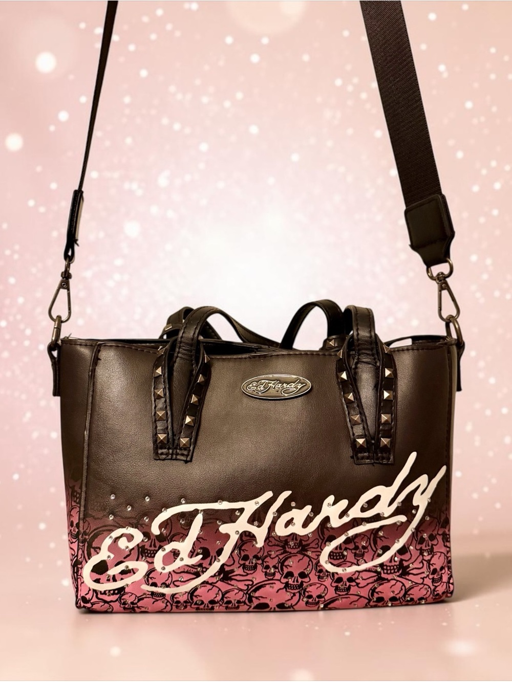 Ed Hardy Stylish Black and Pink Skull Shoulder Bag Purse